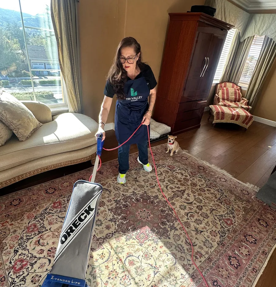 A Tri-Valley Clean team member vacuuming a rug in a client’s home