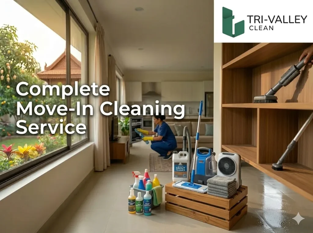 Professional move-in cleaning Tri-Valley team deep cleaning a kitchen in San Ramon.