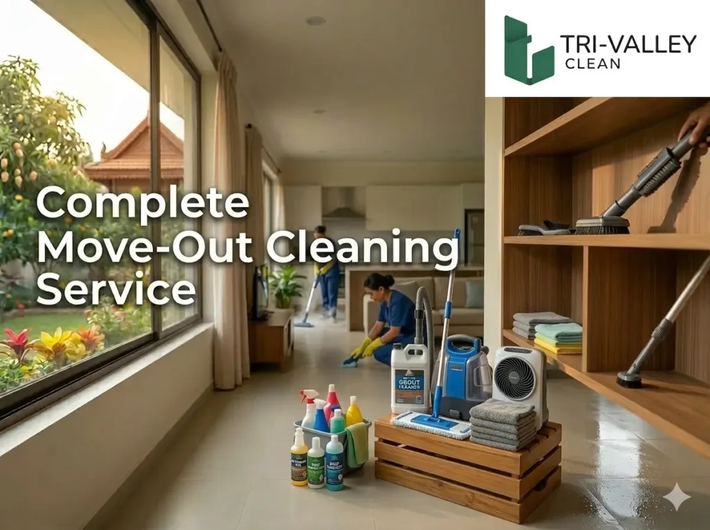 Professional move-out cleaning Tri-Valley team scrubbing a kitchen for a tenant in San Ramon.