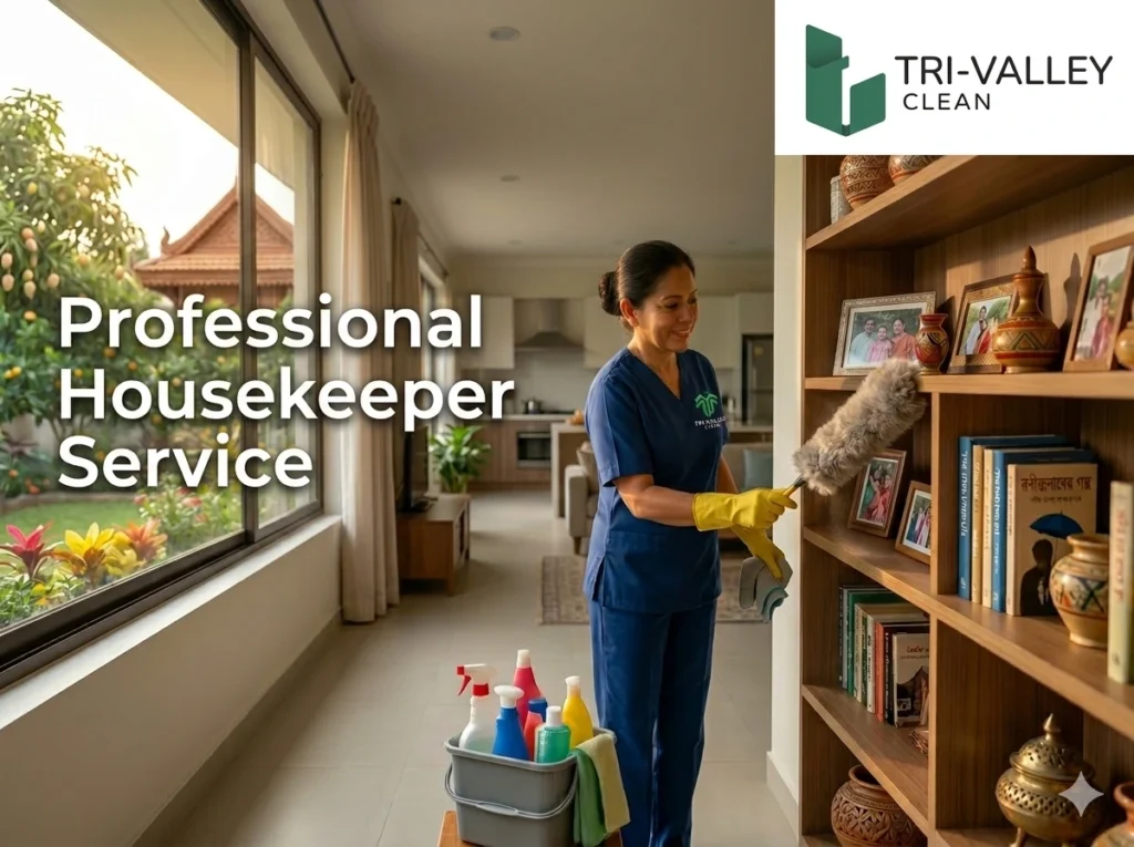 Professional housekeeper in Tri-Valley cleaning a kitchen in San Ramon, CA.