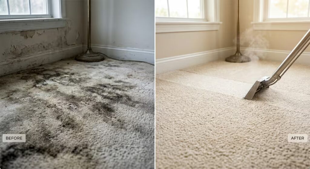A high-contrast before and after comparison of a damaged Tri-Valley property, showing severe carpet staining and mold-residue (Left) restored to a pristine, medical-grade clean (Right) by Tri-Valley Clean restoration specialists.