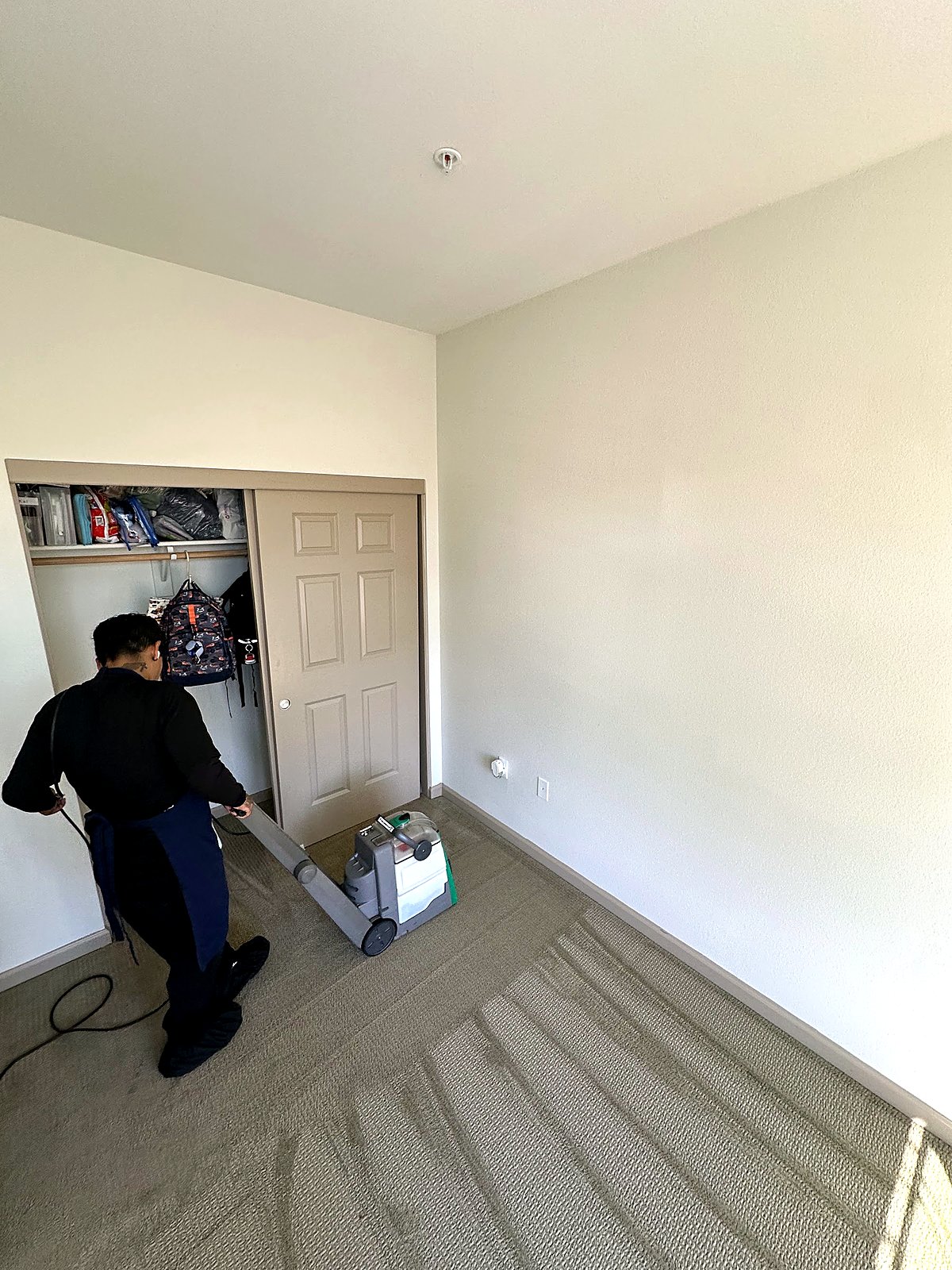 Technician deep cleaning carpet with an extraction machine